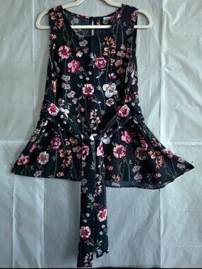 Bobeau Moody Boho Floral Sleeveless Blouse Sash Tie Waist Asymmetric Draped Hem